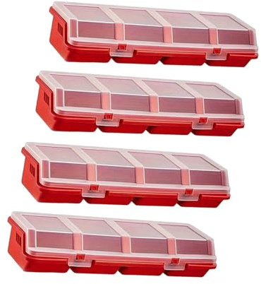 predolo Lot de 4 boîtes de rangement pour vis avec couvercles, 4 compartiments, pour clous, vis et composants électroniques, Rouge