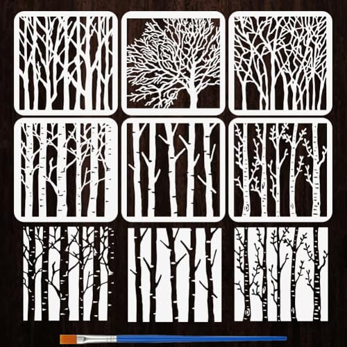 FINGERINSPIRE 6 Styles Pochoirs Motif Tronc de Bouleau Blanc avec un Pinceau 20x20cm Pochoirs Peinture Branche d'Arbre Modèle Thèmes Végétal PET pour Bois Carrelage Mur Meuble Scrapbook DIY