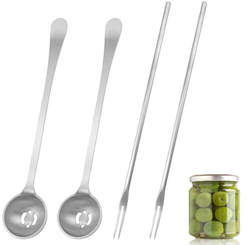 Set di 4 cucchiai per olive e forchette per sottaceti, cucchiaio scanalato in acciaio inox e manico lungo, con fori di drenaggio, per raccogliere cipolle in salamoia, olive, cipolle, cetriolini e
