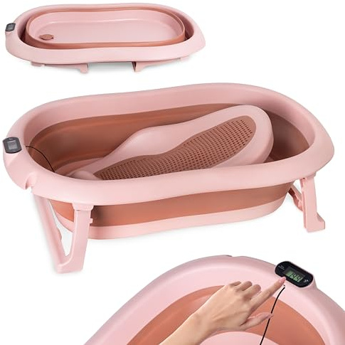 Babybadkar vikbart babybadkar – mörkrosa babybadkar med termometer och badstol – 80 cm babybadkar för barn 0–36 månader – barnbadkar halkfritt bärbart