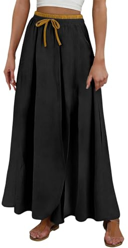 Jupe en Coton Et Lin Femme Mi-Longue ÉTé Taille élastique Casual Légère et Respirante Rétro A-Line DéContractéE Taille éLastique Bohême Jupes avec Poches Ample Couleur Unie D'été Jupe de Plage