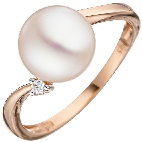Jobo Damen-Ring aus 14 Karat 585 Rosegold mit großer Perle und Diamant Größe 50