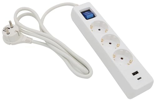 ARLI 3m Steckdosenleiste 3 Fach weiß mit 2 USB Ladebuchsen USB-A USB-C Schalter Mehrfachstecker Kinderschutz Überspannschutz flachem Winkelstecker Schutzkontakte Mehrfachsteckdose Steckdose