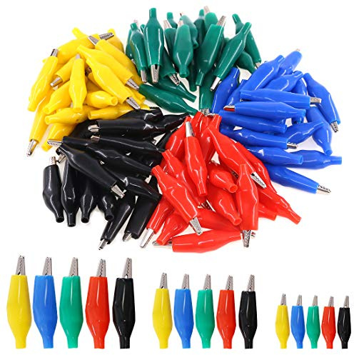 Glarks Lot de 120 pinces crocodiles de 28 mm, 35 mm, 45 mm pour test électrique avec housse d'isolation de protection (noir, rouge, jaune, bleu, vert)
