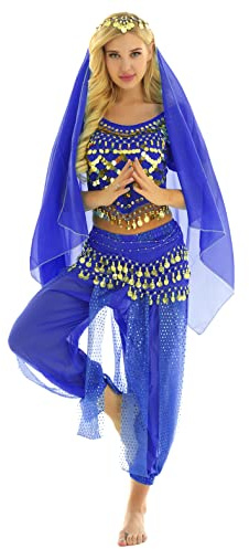 MSemis Damen Bauchtanz Kostüm Set Pailletten Tanzkleidung Indische Tanz Performance-Kleidung Halloween Karneval Tanzende Professionel Kostüm