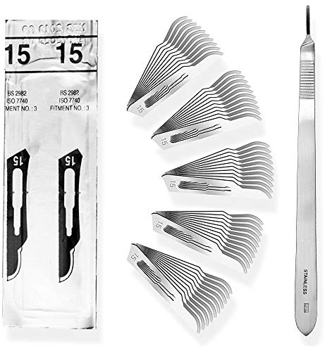 Set - 50 Stück Skalpellklingen Figur 15 aus Karbonstahl - Ersatzklingen einzeln steril verpackt + 1 x May - Skalpell-Halter mit 20 cm langem und gebogenen Griff - Edelstahl