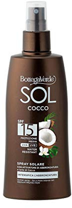 Bottega Verde - Spray Solare SOL Cocco SPF 15, 200 ml, con Latte di Cocco, Estratto di Carota e Papaya, Protezione Media, Intensifica e Prolunga l’Abbronzatura, Texture Ultra Fluida, Water Resistant
