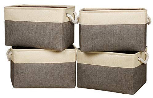 Univivi Foldable Storage Basket 4 Pack, Rectangle Large Storage Baskets with Sturdy Cotton Carry Handles, Fabric Storage Box for Sorting Clothes, Books, Toys, Family Items (15inch Brown)