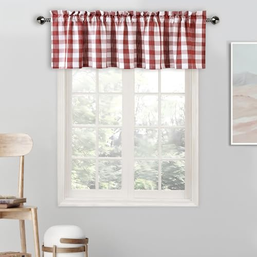Amzdecor Rot-weißer Büffelkarierter Volant, Leinen, durchscheinend, Büffelkaro, Stangentasche, rustikales Bauernhaus, Küche, Fensterbehandlung für Wohnzimmer, Schlafzimmer, 1 Bahn, 140 x 38 cm,