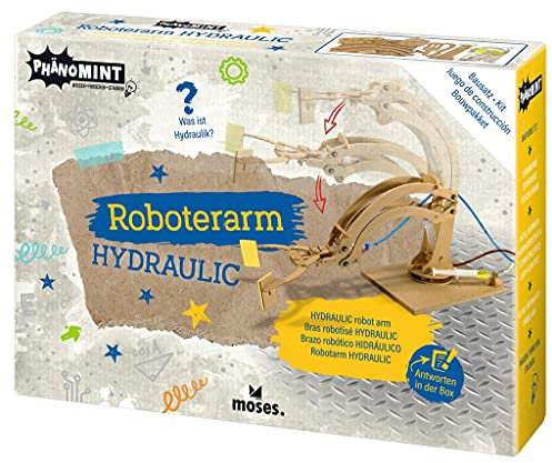 moses. 30328 PhänoMINT Roboterarm Hydraulic – Experimentierspielzeug für Kinder, Modellbausatz mit hydraulischem Greifarm, Zum selber Bauen für kleine Forscher, Holz, Mittel