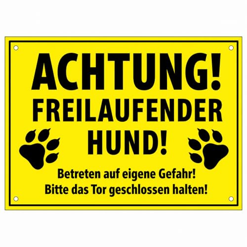 Hochwertiges Schild  ACHTUNG FREILAUFENDER HUND  300 x 200 mm rechteckig | Betreten auf eigene Gefahr | Bitte das Tor geschlossen halten |