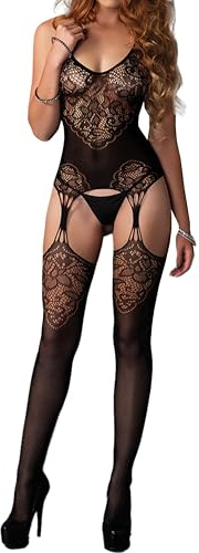 Buitifo Damen Fischernetz Bodystocking Sexy Catsuit Nachtwäsche Spitze Reizwäsche Strümpfe Mesh Outfits(Schwarz NGB,Einheitsgröße)