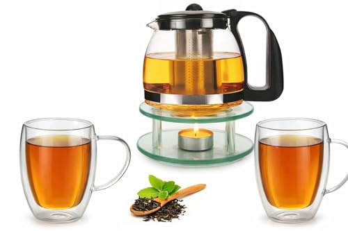 Premium Tee Kanne Geschenk Set vom Allerfeinsten bestehend aus Glas Teekanne 1250 ml mit Teesiebeinsatz und Stövchen aus Edelstahl
