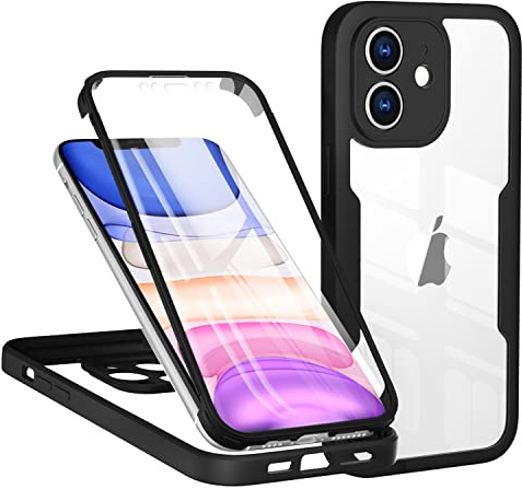 TVVTPU Cover per iPhone 11 6,1”, 360 Gradi Antiurto Custodia con Protezione dello Schermo Integrata e Fotocamera, Trasparente Rugged TPU Bumper Doppia Protettiva - Nero