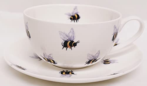 Rainbow Decors Ltd Bees Cup & Saucer Fine Bone China Cappuccino 12.5 oz Bumble Bee Large Cup & Saucer Hand Decorated in UK, Yellow