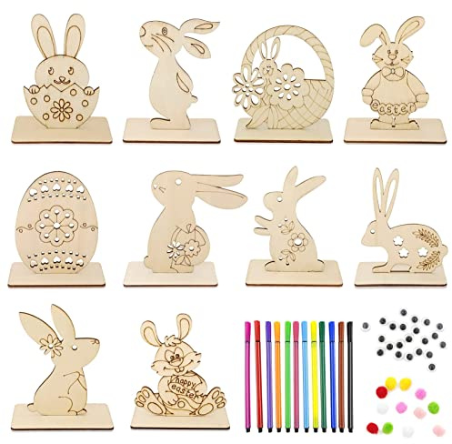 Ostern Basteln Holz,Hasen aus Holz und Holzeier zum Bemalen,0sterbasteln mit Kindern,DIY Osterhase Deko,58 Stück Osterhase Holzhuhn Holzeier, mit Bunte Mini Pompons,Kulleraugen,Ostern Basteln Kinder