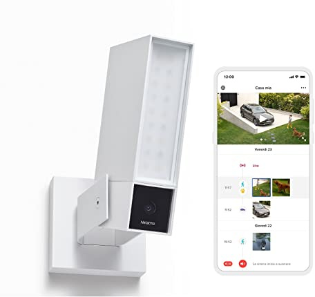 netatmo Cámara de vigilancia al Aire Libre Inteligente Sirena de 105dB, Wi-Fi, iluminación integrada, detección de Movimientos, visión Nocturna, sin suscripción, Blanco, NOC-S-W-IT