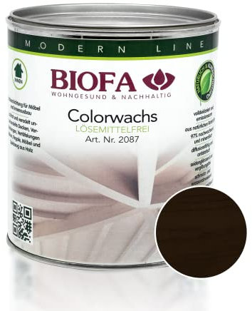 BIOFA Colorwachs lösemittelfrei farbig natürliche Holz-Wachs-Lasur mit Carnaubawachs für Holzdecken, Möbel, Spielzeug Ebenholz 0,375L