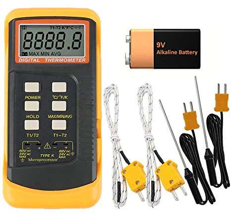Mengshen Digitales Thermometer Typ K, 2-Kanal mit 4 Thermoelementen | Sondensensor -50~1370°C (-58~2498°F), °C °F Kelvin Skala Umschaltbar, Hand Temperaturmessgerät