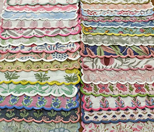 Ridhi Hand Block Print Mix Random 9 x 9 (Set of 6) Embroidery Table Napkins Reusable Cotton Dinner Napkins for Weddings, Parties, Everyday Dining Gift for Spring, Easter, Valentine
