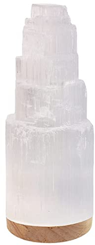 Salt 84 Selenite Crystal Lamp, 20 cm Tall, High Energy Skyscraper Lamp with Wooden Base & USB Charging Cable, ETL Certified, Hand Curved Selenite for Spiritual Protection and Therapy
