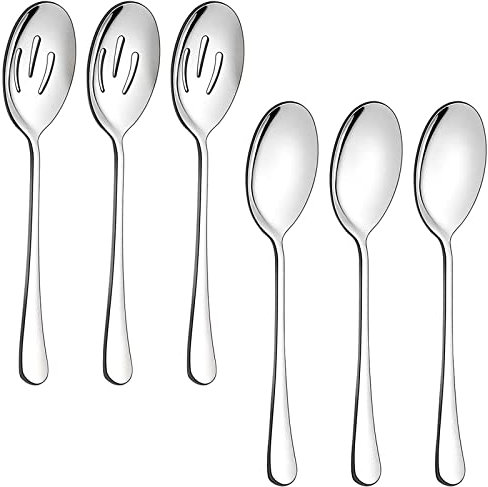 6PCS Stainless Steel Serving Spoons Set,Includes 3 Serving Spoons and 3 Slotted Spoons,Dessert Spoons Advanced Performance Skimmer,Large Serving Spoons for Buffet, Party, Banquet, Kitchen (Silver 01)