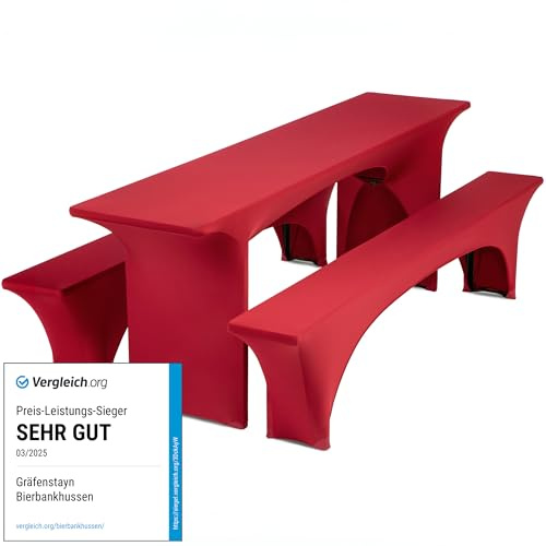 Gräfenstayn® Leopold Stretch - Biertischhussen-Set 3tlg. für Bierzeltgarnitur - 50cm oder 70cm Tischbreite - mit Öko-Tex Siegel Standard 100 : Geprüftes Vertrauen (Rot, 50x220)