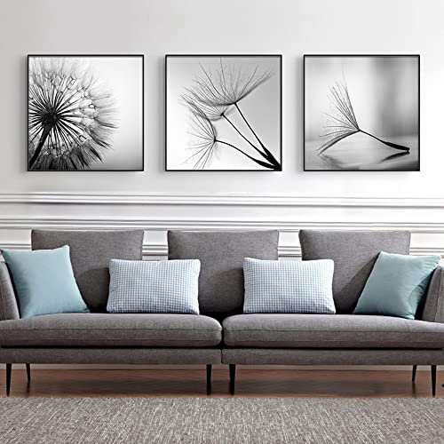 FSLEOVN 3er Set Design Premium Poster Pusteblume Schwarz Weiß Leinwand Modern Löwenzahn Blume Bilder Wohnzimmer Deko Poster Kein Rahmen Wandbild (Schwarz Weiß,40x40cm)