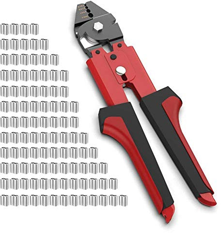 Pinza a Crimpare per Lenza da Pesca Pinza a Mano da Pesca 0,1 mm-2,2 mm Swager Pinza a Crimpare da Pesca con 100 Pezzi Kit di Manicotti ad Anello di Crimpatura a Doppia Canna in Alluminio