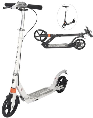 Cityroller Tretroller für Erwachsene, mit Big Wheel Räder 120mm, Klappbar Kickscooter, Stoßdämpfer | Höhenverstellbar, Stoßdämpfer Tretroller Kinder Roller für Jungen und Mädchenab 5 Jahren,Weiß