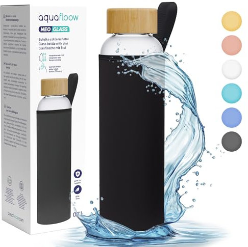 Aquafloow Borraccia con Custodia 700 ml in Vetro, Borosilicato Trasparente con Coperchio Protettivo e Tappo a Vite | Ideale per Lavoro, Scuola, Fitnes – Nero