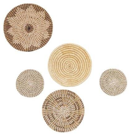YiiLi 5 Stück Weiden-Wandkorb-Dekoration, Boho-Wandkörbe, Seegras, Natürliche Hängende, Gewebte Seegras-Flachkörbe, Runde Boho-Wandkorb-Dekoration for Wohnzimmer Oder Schlafzimmer