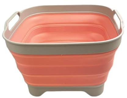 SAMMART 10L (2.64 Gallon) Collapsible Dishpan with Draining Plug-Foldable Washing Basin-Portable Dish Washing Tub-Space Saving Kitchen Storage Tray for Camping & RV (1, Grey/Quartz Pink)