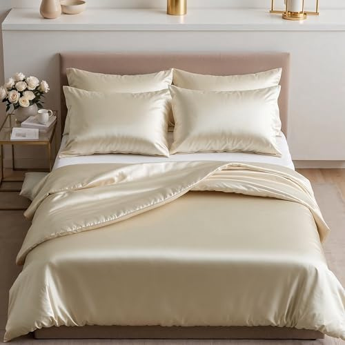 Cozyor Satin Bettwäsche 155x200 extra dick und weich mit robustem Reißverschluss 2X Kissenbezug 80x80 cm, edles Satin 3-teilig, beige Driftwood