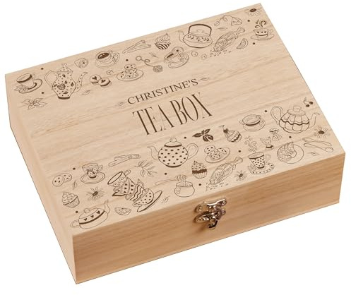 Personalised Tea Box Engraved With Tea Bag Holder With Pot and cups