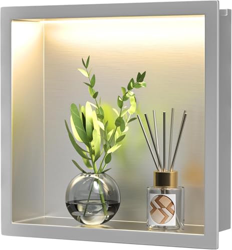 Bernkot Acciaio inossidabile doccia 300 mm x 300 mm spazzolato con luce a LED impermeabile senza piastrelle necessarie nicchia da parete per bagno stoccaggio tramite montaggio