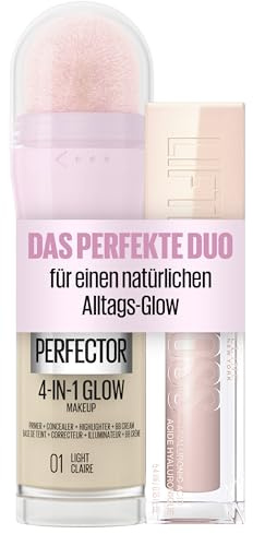 Maybelline New York 4-in-1 Make Up, Concealer, BB Cream, Highlighter, Primer, Instant Perfector Glow 01 Light, 20 ml + Lifter Gloss, Lipgloss, voller wirkende Lippen, Mit Hyaluronsäure, 002 Ice, 5,4ml