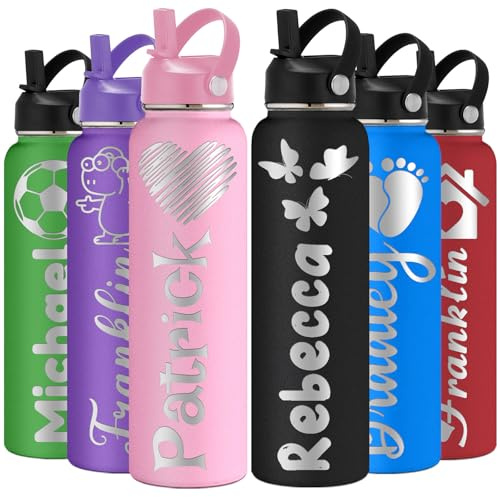 Personalisierte Wasserflasche für Kinder und Erwachsene mit Strohhalmdeckel 350/530/700/950/1150ml Personalisierte Wasserflaschen mit Eingraviertem Namen und Logo, Isolierte Sport wasserflasche