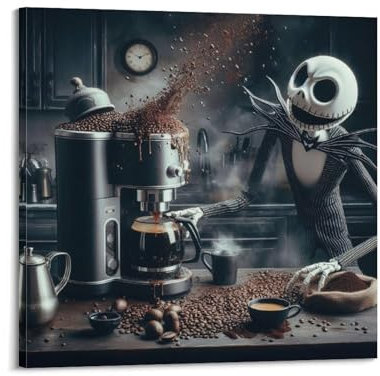 ZXJYMX Food And Drink Poster Funny Skeleton Man Making Coffee Poster Decorative Painting Canvas Wall Posters And Art Picture Print Modern Family Bedroom Decor Posters 16x16inch(40x40cm)