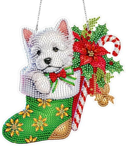 Starnearby DIY Diamond Painting Weihnachten Anhänger Diamond Painting Hund im Weihnachtsstrumpf Türkranz Diamant Painting Fensterbilder Kranz Set für Wand Und Eingang Dekoration