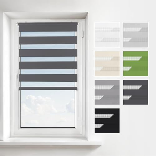 Estika Doppelrollo Klemmfix ohne Bohren – Breite: 90 cm – Höhe: 120 cm – Farbe: Anthrazit – Jalousie für Innenfenster, Duo-Rollo, Fensterrollo innen
