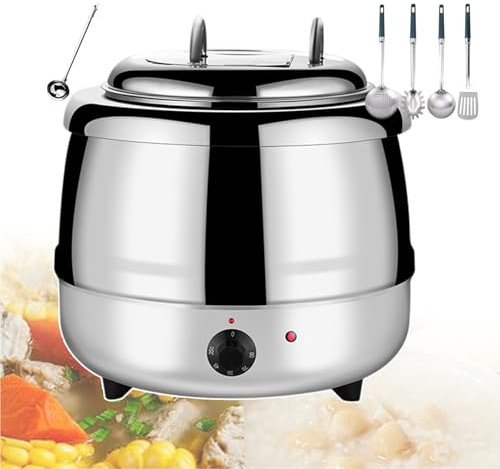 forplubossmmp Calentador De Sopa Comercial De 400 W con Ajuste De Varios Niveles, Calentador De Comida Tipo Buffet Eléctrico De 13 L para Cantinas, con 1 Cuchara Sopera Y 4 Utensilios De Cocina,White
