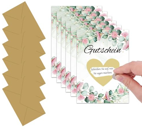 Rehecher Gutschein rubbelkarte mit Umschlägen Set,6 Stück rubbel gutschein,gutschein selbst gestalten,gutscheine zum selber ausfüllen, gutscheinkarte,rubbel gutschein,für Geburtstag, Party, Hochzeit