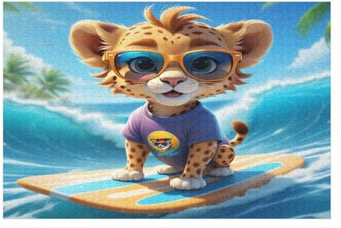 Surfen Gepard 1000 Teile Holzpuzzle,einzigartiges Puzzle, Geschenk Für Erwachsene,Familienspiel,Herausforderungsaktivität,75×50cm