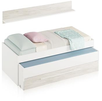 duehome | Cama Nido Juvenil, 2 Camas + Cajon + Estante, Cama Infantil, Modelo Nuit, Acabado en Blanco Artik y Blanco Velho, Medidas: 199 cm (Largo) x 96 cm (Ancho) x 65 cm (Alto)