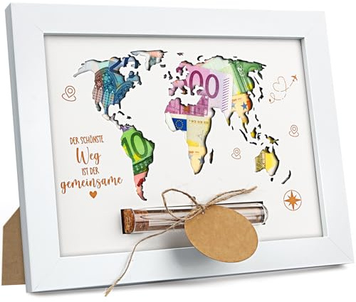 Huanmin Geldgeschenk Reise 24x18 Cm Weltkarte Bilderrahmen Geldgeschenk, Bilderrahmen Hochzeit Geldgeschenk, Geldgeschenk Rente, Kleinigkeit Zur Hochzeit, Hochzeitsgeschenke für Brautpaar Geld