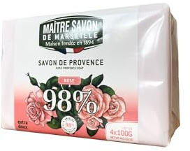 Maître savon de Marseille – Lot de 4 Savons de Provence Rose – 4 x 100g – Huiles 100% Végétales – 98% d’Ingrédients d’Origine Naturelle – Pour Mains et Corps – Fabriqué à Marseille