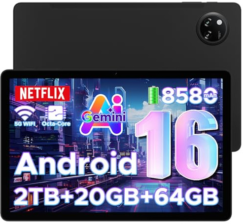 Tab A9+ Android 16 AI Tablet 11 Zoll, Unisoc T7200 Octa-Core 8580mAh Gaming Tablet Android 20GB RAM+64GB ROM(TF 2TB), WiFi5 Tablets PC, 90Hz-1080P, WidevineL1/Face ID/OTG/GPS/Dual Speaker