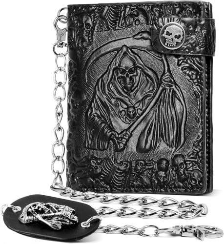 Wallet with Skull Gothic Chain Leather - Punk Bifold Halloween Goth Accessories | Unisex, Black (B)
