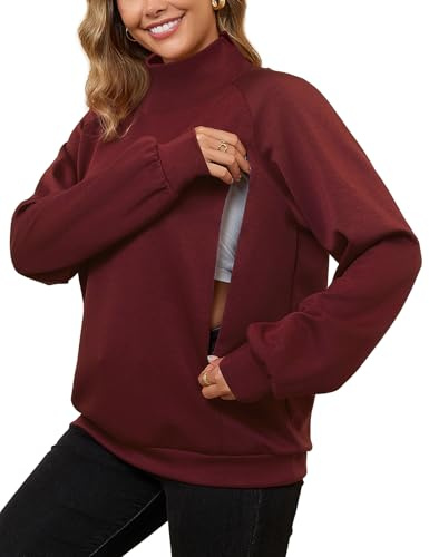 Bhome Nursing Sweatshirt for Breastfeeding High Neck Long Sleeve Nursing Shirt Zipper Maternity Pumping Top Pullover, Burgundy, S